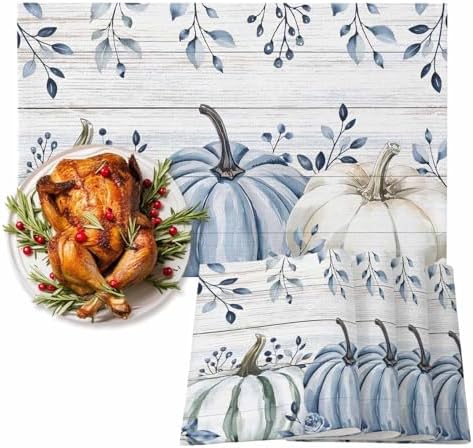 Fall Placemats Set of 4, Blue Pumpkin Place Mats White Blue Pumpkins Eucalyptus Wooden Tablemats Harvest Thanksgiving Placemat Table Decoration for Kitchen Table Holiday Dinner Party Autumn Home Decor