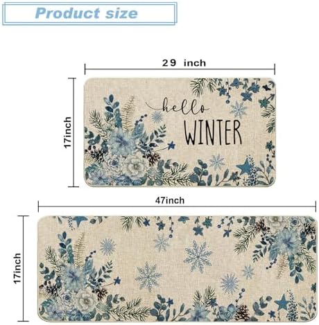 Baccessor Blue Poinsettia Winter Kitchen Mats Set of 2, Snowflakes Floral Kitchen Rugs for Floor Non Slip Absorbent Winter Holiday Farmhouse Christmas Decor 17x29 and 17x47 Inch