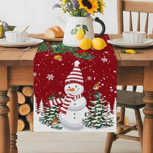 Christmas Cartoon Snowman Table Runner Dresser Scarf 13 x 60 Inch Holly Bird Pine Tree Snow Red Table Runners Non-Slip Heat Resistant Kitchen Dining Table Decor for Winter Holidays Indoor Outdoor