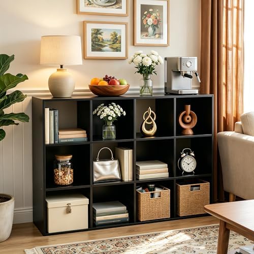 SUPER DEAL 12 Cube Storage Organizer, Open Shelf Bookcase, Wood Cubical Shelves Closet Cabinet Display Unit with 6 Removable Back Panels for Living Room Bedroom, 47 inch Wide, Black