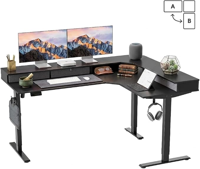CubiCubi 63x48 Inches L Shaped Standing Desk with 3 Drawers and Monitor Shelf, Height Adjustable Corner Computer Desk with Hooks, Sit Stand Up Ergonomic Home Office Workstation Table, Modern Black