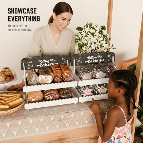 HOTCAN Wooden Cookie Display Stand with Chalkboard Sign for Bakers, Vendors, Craft Fairs | Pastry Display for Market Booths & Events | 2 Tiered Cookie Display for Muffins, Cakes, and Pastries (White)