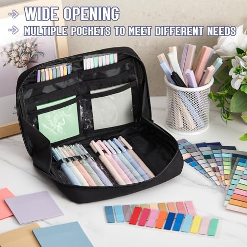 135 Pcs Book Annotation Kit Aesthetic Pencil Case Bag 12 Highlighter 11 Gel Pen 1 Marker 300 Sheet Transparent Sticky Notes Pad 2640 Index Stickers Bible Study Supplies(Kawaii,Black)