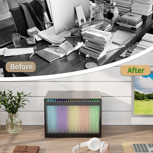 Bamboo Hanging File Organizer, Desktop File Box with Lids, 1 Pack, Black | Removable Lid, Clear Acrylic Side Panels, 2 Hanging Folders Included, Helps Reduce Dust, Letter & Legal Size, Easy Assembly
