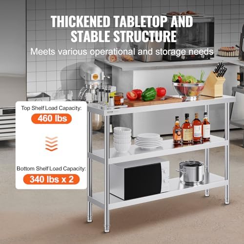 VEVOR Stainless Steel Food Prep Table, 14 x 48 x 34 Inch Commercial Kitchen Worktable, with 2 Adjustable Undershelf, Heavy Duty Prep Metal Work Tables for BBQ, Kitchen, Home, and Garage