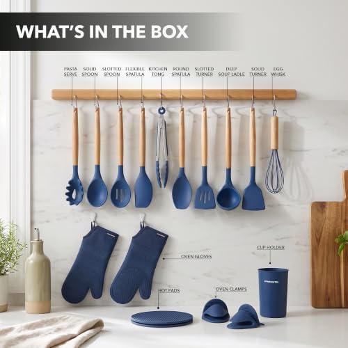 OVENTE Silicone Cooking Utensils Set, 17pcs, Heat Resistant, Blue SPS17BL