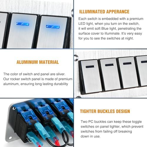 Nilight 6 Gang Rocker Switch Panel 3 Pin On Off Pre-Wired Blue LED