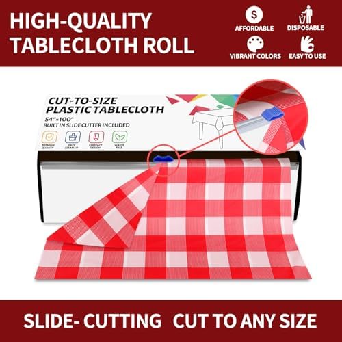 CXPSINC 54 Inch X 100 Feet Plastic Table Cover Roll Disposable Tablecloth with Slide Cutter for All Type/Shape Tables | Party, Banquet, Birthdays, Weddings(Red Checkered, 100 Feet)