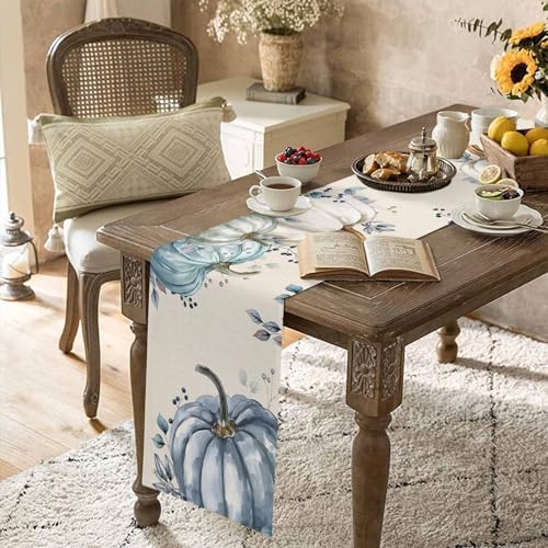 Fall Pumpkin Table Runner Dresser Scarf 18 x 72 Inch White Blue Leaves Rustic Table Runners Non-Slip Heat Resistant Kitchen Dining Table Decor for Autumn Thanksgiving Holidays Indoor Outdoor