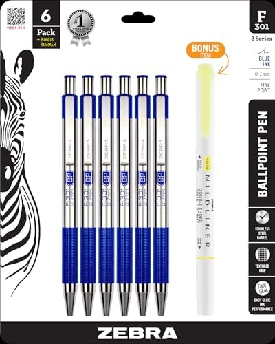 Zebra Pen STEEL F-301 Retractable Ballpoint Pen, Blue Ink, 0.7mm, 6-Pack