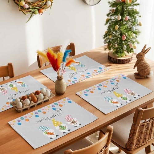 Vandarllin Happy Easter Gnomes Placemats Set of 6,Heat Resistant Cotton Linen,Carrrot Rabbit Bunny Colorful Eggs Table Mats Washable Spring Holidays Placemat Decoration for Kitchen Dining Table