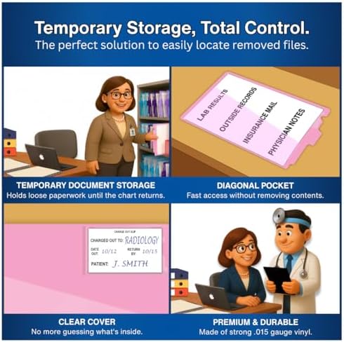Doctor Stuff - Center Tab Vinyl Outguides, Diagonal Cut Front Pocket, Top Charge Out Slip Pocket, Plastic File Folder, Letter Size 9" x 13-1/4", Pink, 50/Box