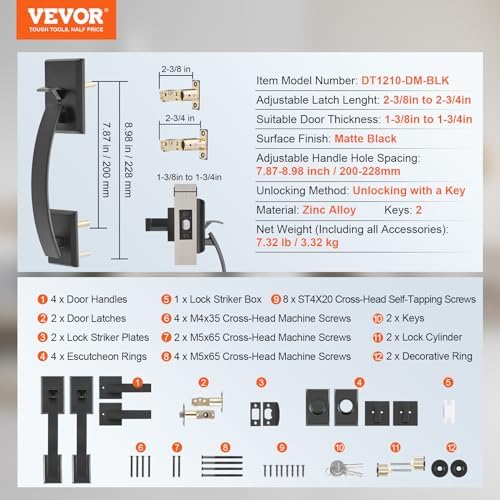VEVOR Double Door Handle Set, Matte Black Arched Door Lever, Double Front Door Handle Set with Reversible Handle Lever, Heavy Duty Double Door Lock Set with Dummy, for Office Door or Front Door