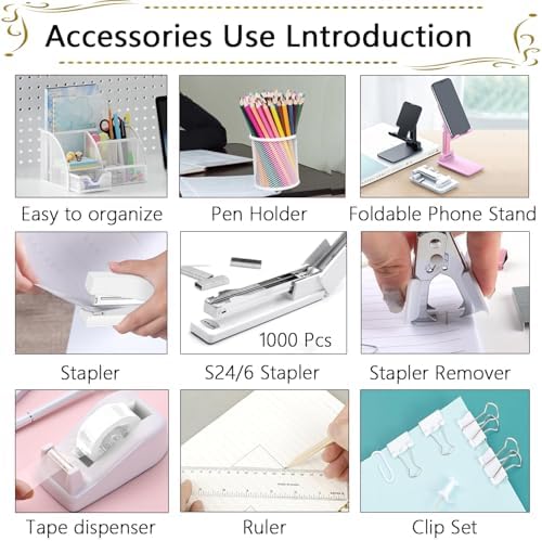 Office Supplies,Desk Accessories,Stapler and Tape Dispenser Set,1000 Staples,Staple Remover,Pen Holder,Folding Phone Holder,Journal Notebook,Ballpoint Pen,Scissor,Ruler,Clear Tape,Sticky Notes,Ect