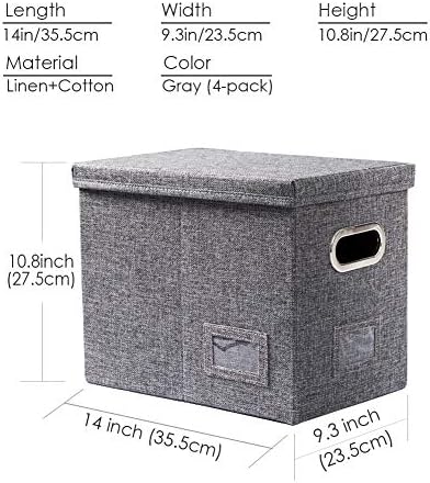 PRANDOM File Organizer Box - Set of 4 Collapsible Decorative Linen Filing Storage Hanging File Folders with Lids Office Cabinet Letter Size Grey (14x9.3x10.8 inch)