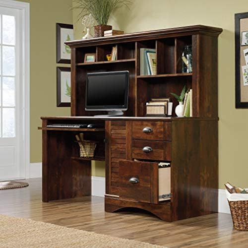 Sauder Harbor View Home Office Computer Desk with Hutch, Keyboard Tray, in Curado Cherry finish