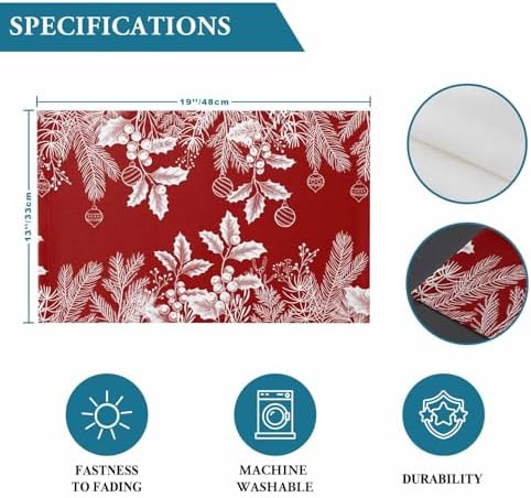 Red Christmas Placemats Set of 6, Floral Pine Leaf Xmas Balls Heat Resistant Washable Table Place Mats White Winter Holidays Cotton Table Linens Party Holiday Decor for Kitchen Dining Outdoor Indoor