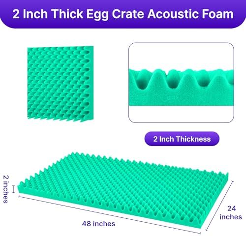 2 Pack Sound Proof Foam Panels for Walls, 48" x 24" x 2" Self-Adhesive Acoustic Panels, High Density Egg Crate Sound Dampening Panels for Recording Studio, Home Office