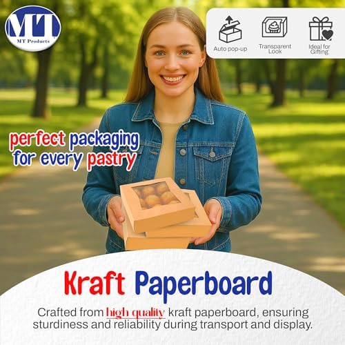 MT Products Kraft Cookie Boxes 8" x 8" x 2.5" - Auto Pop-Up Bakery Boxes with Window (Pack of 200) - Made in USA