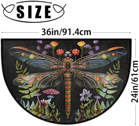 Dragonfly Mushroom Flower Half Round Door Mat Non Slip Washable Semi Circle Area Rug Absorbent Soft Half Moon Rug Floor Mat for Indoor Outdoor Kitchen Bathroom Patio Front Door Mat Decor