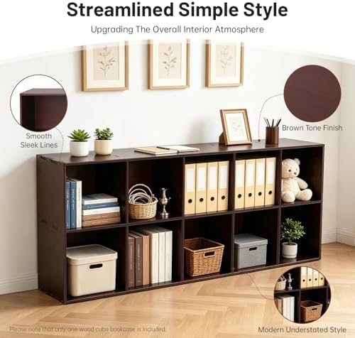 10 Cube Storage Organizer - Pine Wood Bookshelf - Cube Shelf - Vertical or Horizontal Bookcase - Open Book Shelf - Easy Assembly for Bedroom, Living Room, Office - Brown