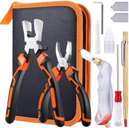 Glass Cutting Tool Kit with 8" Running Pliers with Curved Jaws, 6" Breaker Pliers, Glass Cutter 2-20mm, Replacement Blades, Screwdriver, Storage Bag for Stained Glass, Tiles, Mosaic