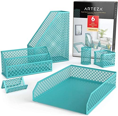 ARTEZA 6-Piece Teal Desk Accessories Set, Essential Desktop Organizer for Home Office, Includes Paper Organizer, Pencil Holder, Letter Sorter & More, Teal Office Supplies