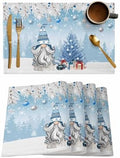 Christmas Gnome Placemat 1PC, Winter Merry Christmas Tree Balls Heat Resistant Washable Table Place Mats Blue Cotton Table Linens Party Holiday Decor for Kitchen Dining Outdoor Indoor