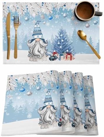 Christmas Gnome Placemat 1PC, Winter Merry Christmas Tree Balls Heat Resistant Washable Table Place Mats Blue Cotton Table Linens Party Holiday Decor for Kitchen Dining Outdoor Indoor