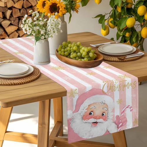 Pink Santa Claus Table Runner Dresser Scarf 13 x 36 Inch Merry Christmas Candy Snowflake White Striped Table Runners Non-Slip Heat Resistant Kitchen Dining Table Decor for Home Holidays Indoor Outdoor
