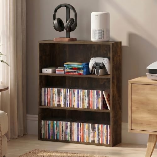 Furinno Basic DVD Shelf, 3-Tier CD Rack, Cube Storage, Amber Pine | 7 x 24 x 26, Open Shelf for DVD Blueray Game Disc, Organizer Media Shelf, for Living Room, Bedroom, Home Office