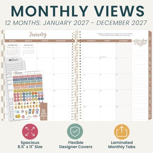bloom daily planners 2027 Planner for Women (8.5" x 11") - Weekly & Monthly Calendar Year (January to December) Softcover Agenda Book Organizer with Stickers & Stencil - Checkered, Café