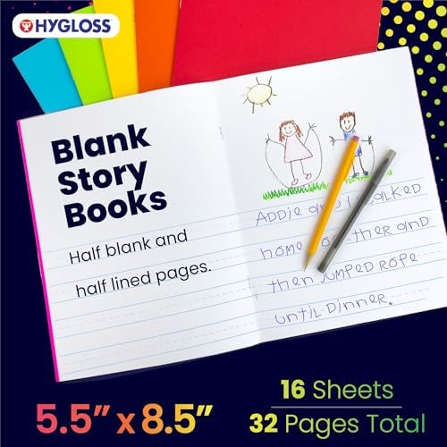 Hygloss Half Blank Books for Kids to Write Stories & Illustrate – Bulk 24 Pack – 5.5" x 8.5" A5 Primary Journal for Grades K-2, Preschool/Kindergarten Notebook with Picture Space – 24 Pages, Colored