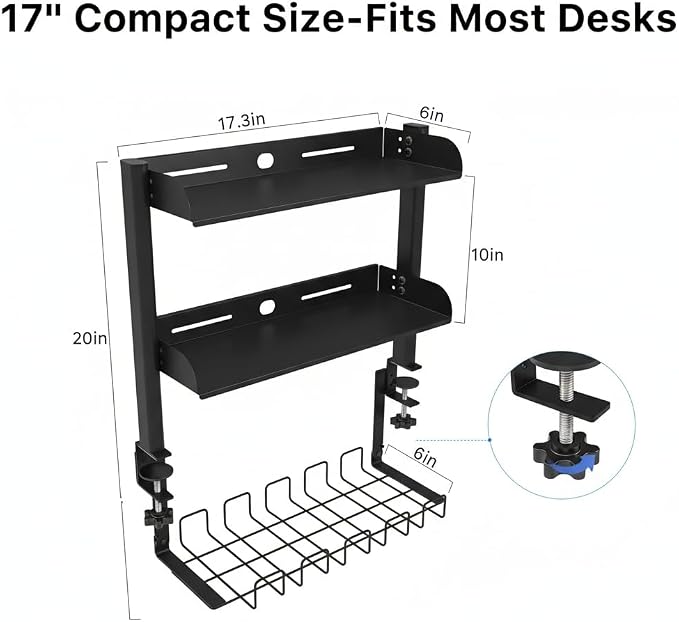 Clamp On Desk Shelf, 17'' 2-Tier Desktop Organizer Shelf with Under-Desk Hidden Storage Basket, Heavy-Duty Desk Shelves for Top of Desk, Space-Saving Desk Storage for Home Office Gaming Setup (Black)