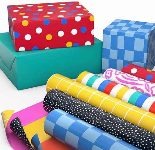 Hallmark Reversible Wrapping Paper Rolls - Checkered, Solids, Stripes, Polka Dots, Flowers, Gift Wrap Paper (Set of 6 Rolls: 150 sq. ft. ttl.) for Birthday, Christmas, Baby Shower, Graduation, All Occasion