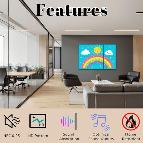 6 Pack Art Acoustic Panels Sound Absorbing Cute Rainbow Smiling Sun Clouds Stars Blue Decorative Soundproof Wall Panels Self Adhesive for Home Recording Studios 72"x48"