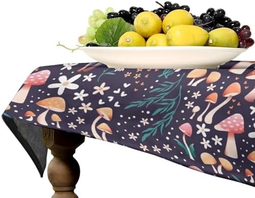 Retro Mushroom Tablecloth, Cartoon Forest Mushroom Florals Leaves Woodland Garden Table Cloth for Kitchen Dining Coffee Table Outdoor Party Decor 55x55in