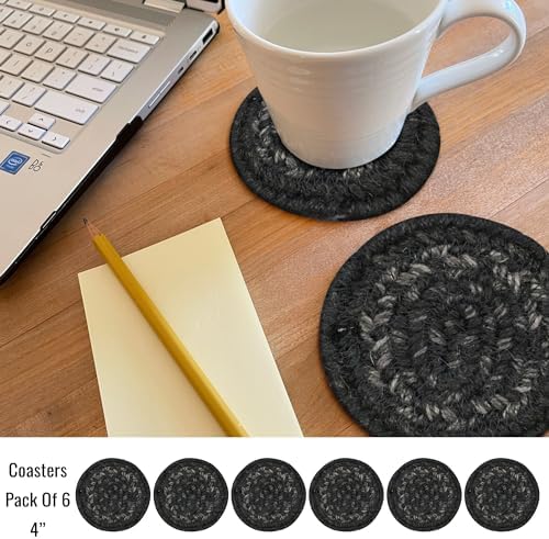 Homespice Jet Black Braided Coasters for Primitive Decor, Round 4" Set of 6