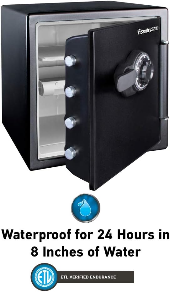 SentrySafe Fireproof and Waterproof Black Steel Home Safe with Dial Combination Lock for Cash, or Documents, 1.23 Cubic Feet, 17.8 x 16.3 x 19.3 x Inches, SFW123CU | Steel Safe Has Four Locking Bolts, Pry-resistant Hinge Bar, Shelf, Dial Combination Lo...
