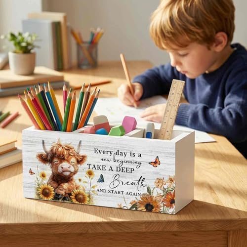 Motivational Highland Cow Pencil Pen Holder for Desk Organizer, Highland Cow Gifts, Farmhouse Highland Cows Nursery Wooden Box Decorations for Home Office Kids Room Desk Tabletop Decor