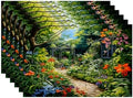 Batmerry Beautiful Garden Lush Plants Linen Placemats Set of 6, Serene Garden Scene Washable Table Mats for Kitchen Table Thickened Heat Insulation Dining Set Indoor Outdoor 12X18 in