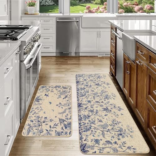 Baccessor Blue Floral Kitchen Mats Set of 2,Summer Kitchen Rugs for Floor Monochrome Sketch Non Slip Low-Profile Seasonal Summer Home Decor 17x29 and 17x47 Inch