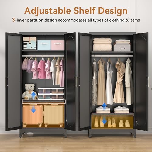 Polup Metal Armoire Wardrobe Closet with Mirror, Clothing Storage Cabinet