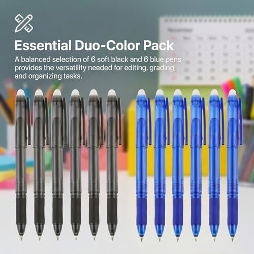 Volcanics Erasable Gel Pens, 0.7mm Fine Point, Soft Black & Blue, 12 Pack | Gel Erasable Ink Pens With Built-In Eraser, Smooth Pencil-Like Precision Writing For Rocket Book, Home, School And Office Use