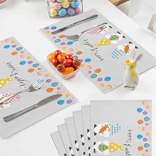 Vandarllin Happy Easter Gnomes Placemats Set of 4,Heat Resistant Cotton Linen,Carrrot Rabbit Bunny Colorful Eggs Table Mats Washable Spring Holidays Placemat Decoration for Home Kitchen Dining Party