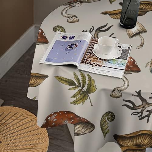 Vintage Woodland Mushroom Tablecloth, Nature Forest Plants Botanical Ferns Print Table Cloth for Farmhouse Kitchen Party Picnic Dinner Decor, 36x36in