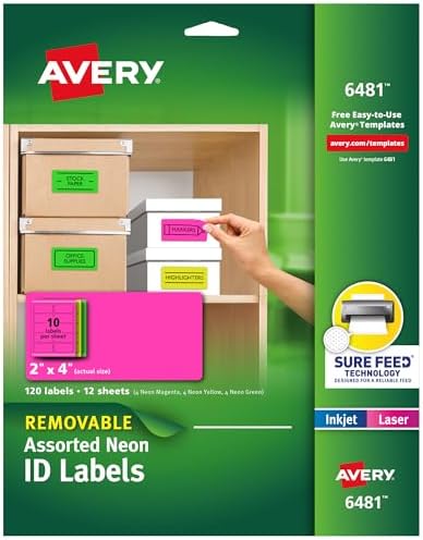Avery Printable Labels with Sure Feed, 2" x 4", Assorted Neon Colors (Green, Magenta, and Yellow), Removable Adhesive, Laser & Inkjet Compatible, 120 Blank Labels per Pack (5-Pack of 6481)