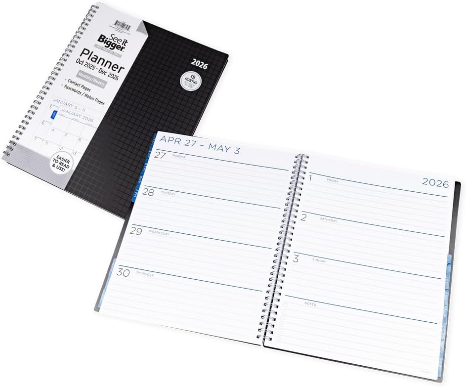 PlanAhead 2026 Planner - 11"x9.75" 15 Month Weekly & Monthly Academic Planner Notebook with Tabs - Black Grid Design - Spiral Calendar Agenda for School, Work & Office