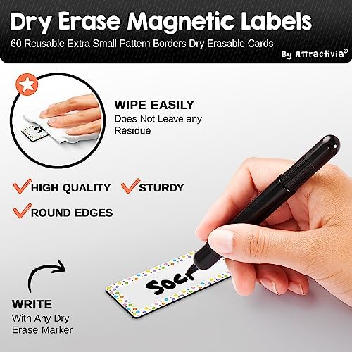 Attractivia Erase Magnetic Labels 2.8 x 1.2 in, Pattern Borders, Dry Erase Magnets, 60-Pack, White Erasable Write-On All-Purpose Labels, for Office, Education, Home, Whiteboard, Magnetic Name Tags