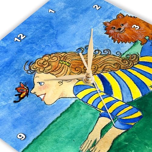 3dRose dpp_23307_1 Dog Pomeranian Butterflies Girl Happy Field Whimsical Watercolor Outdoors Blue Sky Wall Clock, 10 by 10-Inch